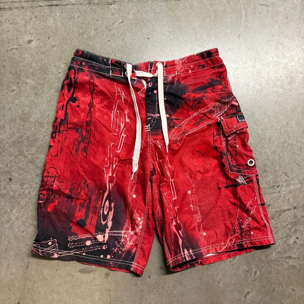 Oakley Board Shorts‎ Mens 34 Red Black Abstract Graphic Swim Trunks Cargo Pocket